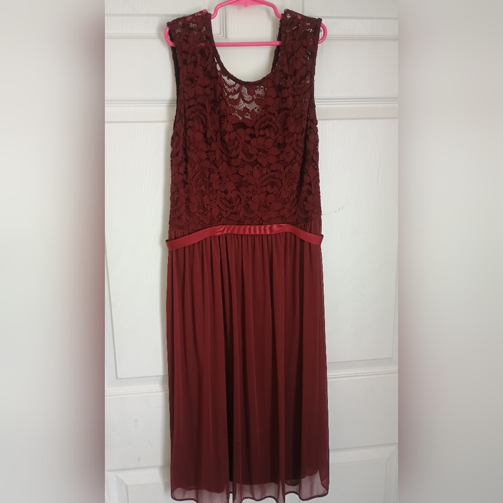 David's Bridal Red Strapless Pleated Gown